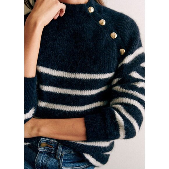 EUC Sezane Trudy Wool Mohair Button Detail Sweater Navy White XXS - Picture 2 of 9